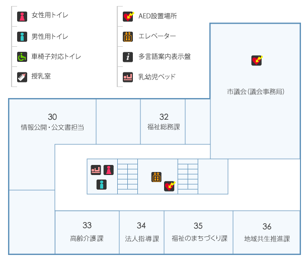 本庁舎3階：女性用トイレ・男性用トイレ・AED設置・乳幼児用ベッド