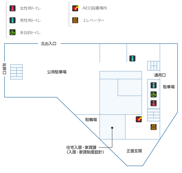 池田庁舎1階：女性用トイレ・男性用トイレ・車椅子対応トイレ・AED設置