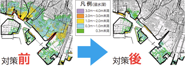 イラスト：浸水区域縮減対策前と対策後