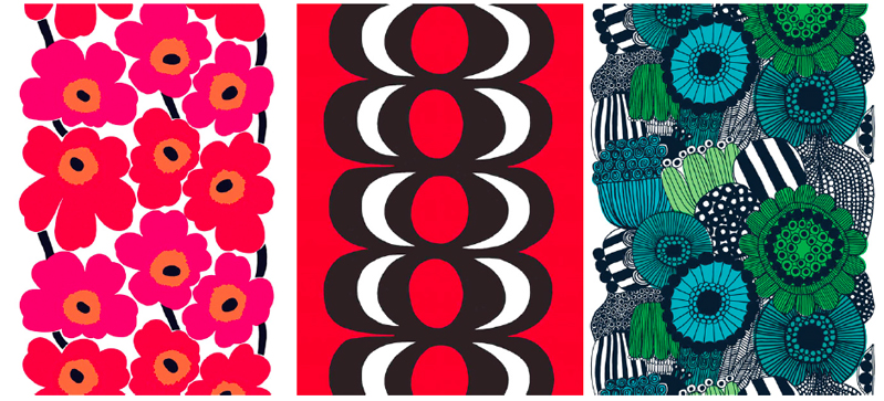 写真：左：ファブリック ≪ウニッコ≫（ケシの花）、図案デザイン：マイヤ・イソラ、1964年　Unikko pattern designed for Marimekko by Maija Isola in 1964、中：ファブリック≪カイヴォ≫（泉）、図案デザイン：マイヤ・イソラ、1964年　Kaivo pattern designed for Marimekko by Maija Isola in 1964、右：ファブリック≪シィールトラプータルハ≫（市民菜園）、図案デザイン：マイヤ・ロウエカリ、2009年　Siirtolapuutarha pattern designed for Marimekko by Maija Louekari in 2009