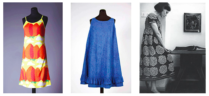 写真：左：ドレス、服飾デザイン：ミカ・ピーライネン、2001年　ファブリック≪マンシッカヴオレト≫（イチゴの山々）、図案デザイン：マイヤ・イソラ、1969年　Design Museum / Harry Kivilinna、中：ジャクリーン・ケネディが購入したドレス≪ヘイルヘルマ≫、1959年　ファブリック≪ナスティ≫（小さな無頭釘）、1957年、服飾・図案デザイン：ヴオッコ・ヌルメスニエミ　Design Museum / Harry Kivilinna、右：ドレス≪カトリッリ≫　ファブリック≪プケッティ≫（ブーケ）、服飾・図案デザイン：アンニカ・リマラ、1964年　Design Museum Archive / Photo: Seppo Saves