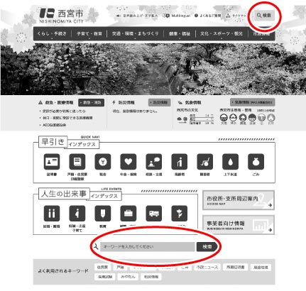 画像：市のホームページにある検索ボックスの位置 ページの右上とページの中央付近