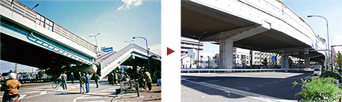 写真：阪神高速道路の震災当時と現在の様子