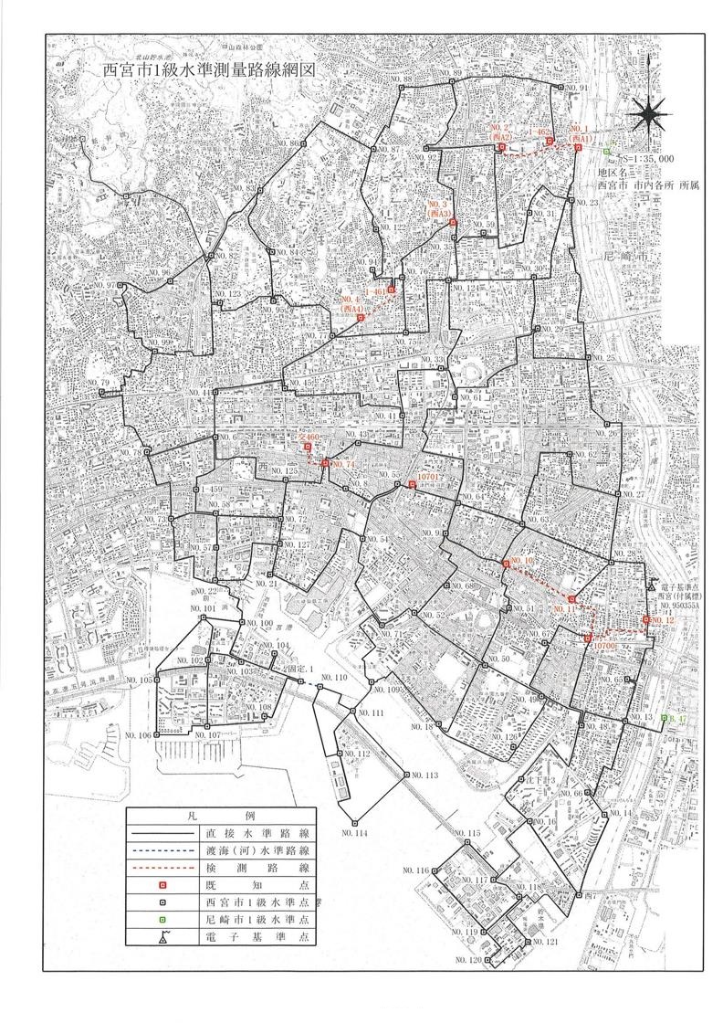 西宮市1級水準測量路線網図