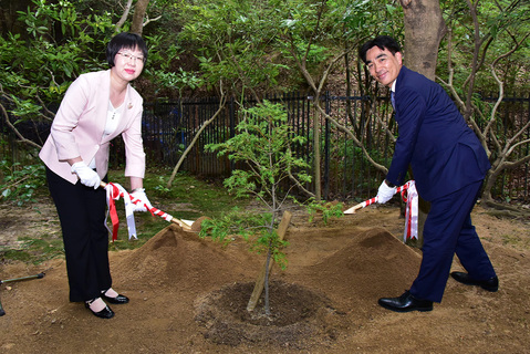 呉登芬紹興市人民政府市長と石井市長（植樹式の様子）